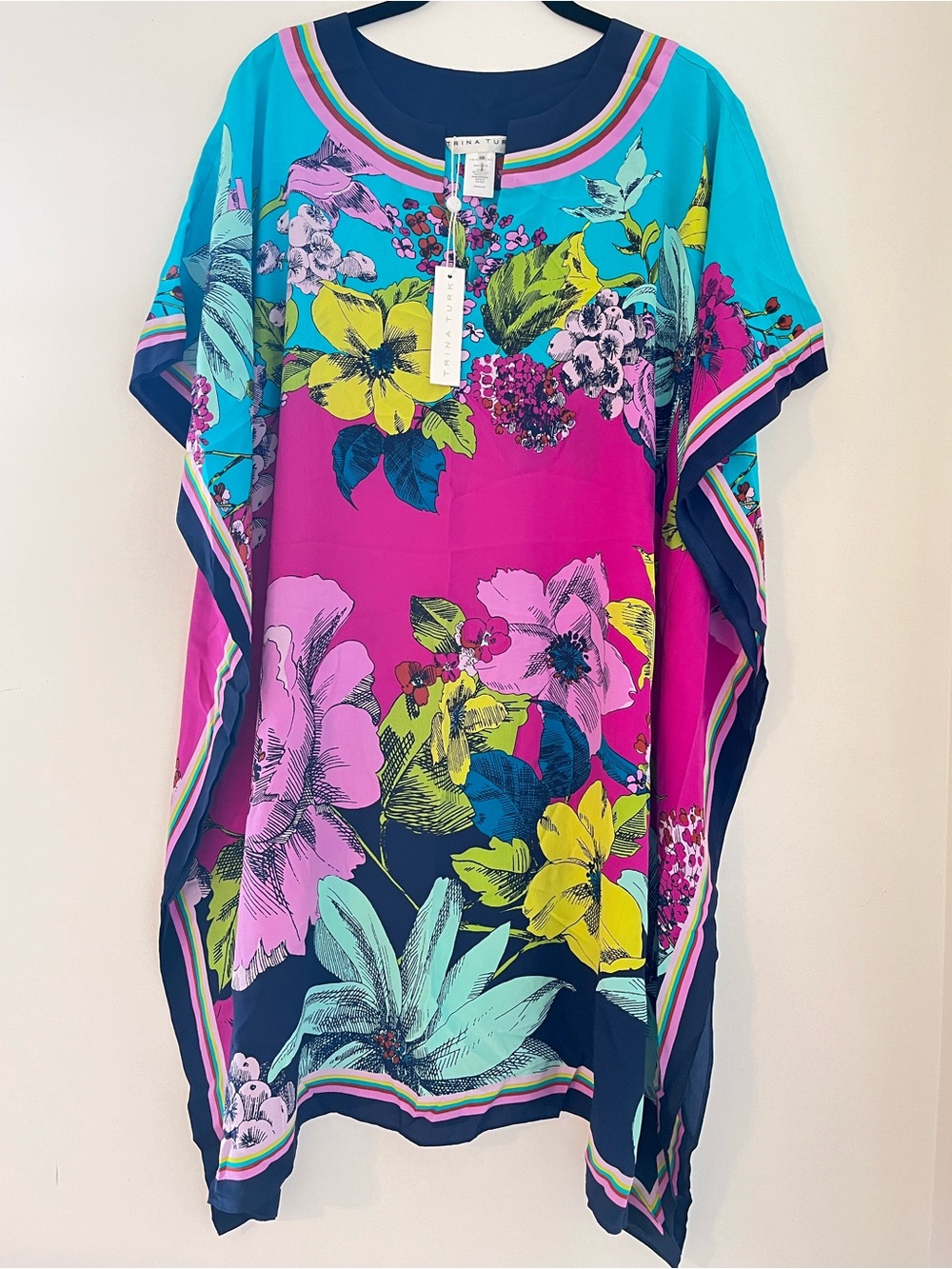 Trina Turk “Theodora” Bright Fuchsia & Turquoise Floral V-Neck Swim Coverup - Picture 6 of 16